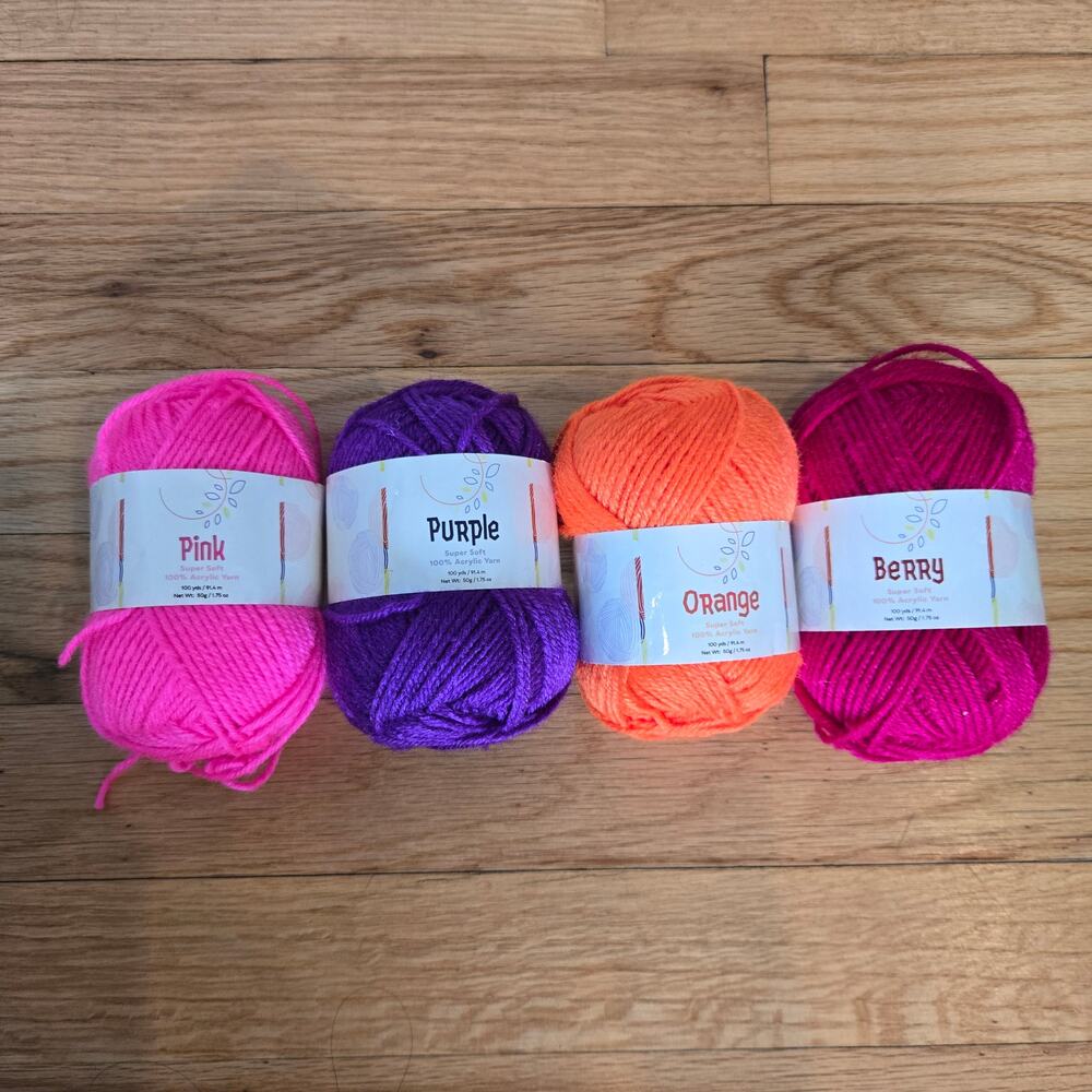 4 mini bright yarn skeins pink, purple, orange, berry